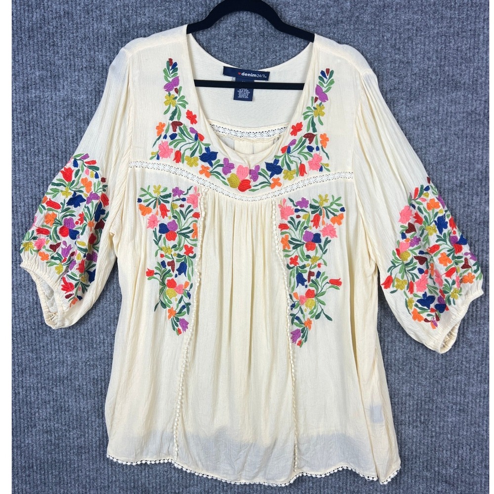 Boho Embroidered Blouse 24W Floral Peasant Top Cottagecore Festival
